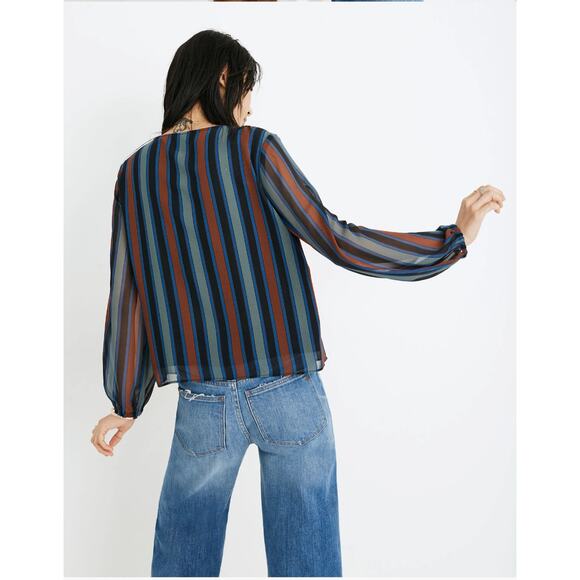 Madewell Sheer-Sleeve Top in Academy Stripe Color Winter Architect Green sz. XXS - Picture 3 of 11